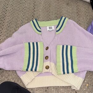 BDG Lilac Knit Cropped Cardigan with Green and Blue Trim